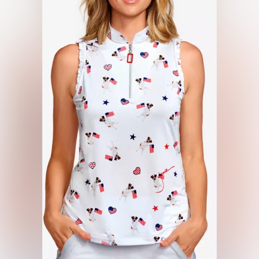 JAMIE SADOCK Flags & Pups Women's Sleeveless Golf Polo Shirt, sz S